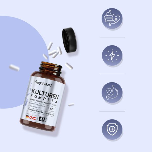 Culture Complex with 60 Billion CFU - 20 Bacterial Strains and Organic Inulin - 120 Vegan Capsules - Bacterial Cultures with Bifidobacterium, Lactobacillus Gasseri & Reuteri - 2 Months Supply