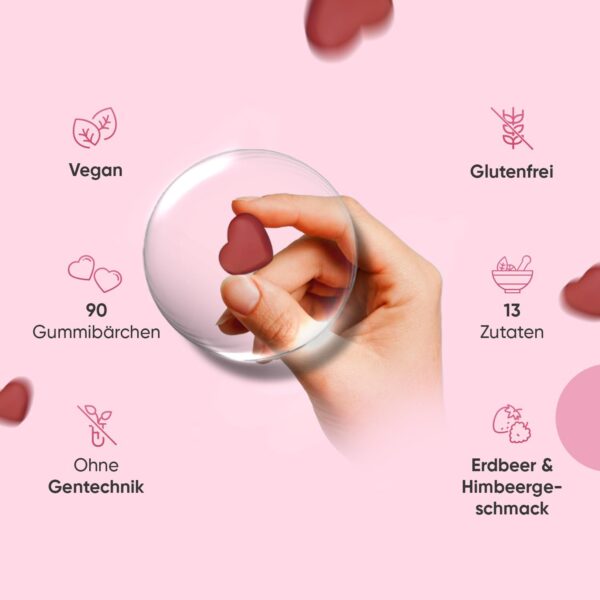 Multivitamin Gummies for Women - With Omega 6, 9, Zinc, Calcium, Vitamin C, Hyaluron, CoQ 10, B12, Biotin - 90 Vegan Gummy Bears - Strawberry & Raspberry Flavour - Multivitamin Complex - WeightWorld