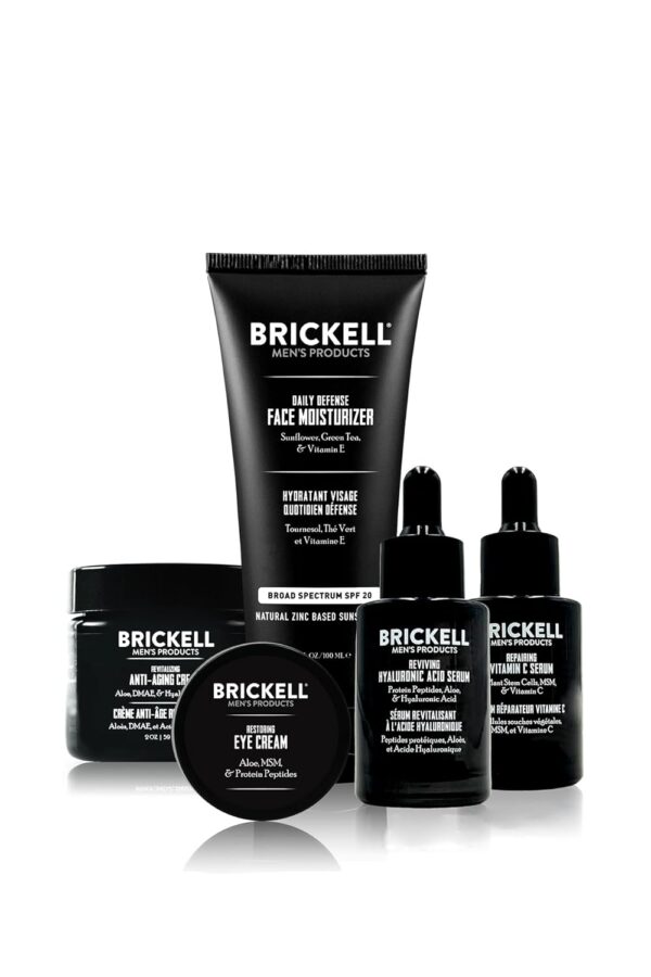 Brickell Men's Products Full Defense Anti-Aging Routine, Night Face Cream, Vitamin C Day and Night Serum, Moisturiser w/SPF and Eye Cream, Natural and Organic, Scented