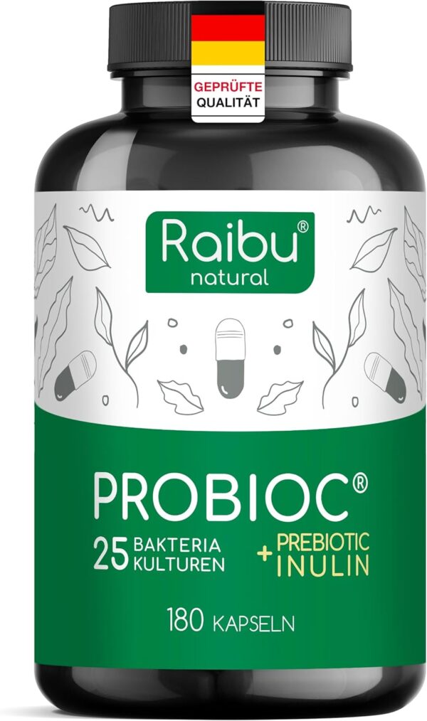 Probioc Kulturen Complex – 25 Bacteria Strains + Inulin – 300 Billion CFU/g – 180 High Dose & Enteric Juice-Resistant Capsules – with Lactobacillus & Bifidobacteria Raibu
