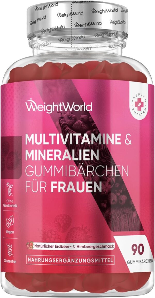 Multivitamin Gummies for Women - With Omega 6, 9, Zinc, Calcium, Vitamin C, Hyaluron, CoQ 10, B12, Biotin - 90 Vegan Gummy Bears - Strawberry & Raspberry Flavour - Multivitamin Complex - WeightWorld