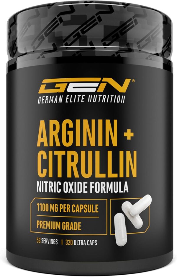L-Arginine + L-Citrulline – 320 Capsules – 1100 mg per capsule – Citrulline 2:1 + Arginine Base 1:1 Ratio – Premium Amino Acids – Laboratory Tested Quality – German Elite Nutrition