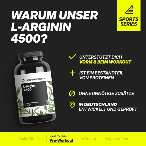 L-Arginine - 365 vegan capsules - 4500 mg vegetable L-Arginine HCL per daily dose (= 3750 mg pure L-Arginin) - laboratory-tested, high dosage, vegan and made in Germany.