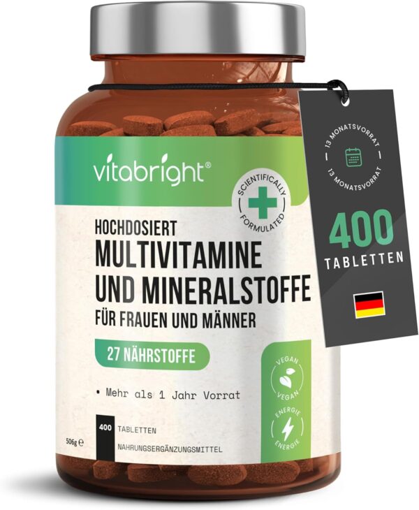 Multivitamin Tablets High Dose - 400 Daily Dose Vitamins, Minerals & Supplements A-Z Vitamins + Minerals | Dietary Supplement Women / Men Vegan Multivitamin Complex VitaBright