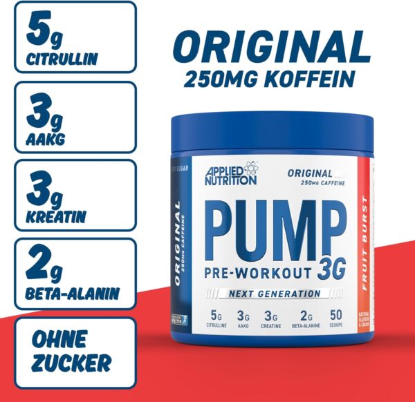Applied Nutrition Pump 3G Booster Pre Workout - With Creatine Monohydrate - Energy, Focus & Performance (375 g (Pack of 1), Fruit Burst)