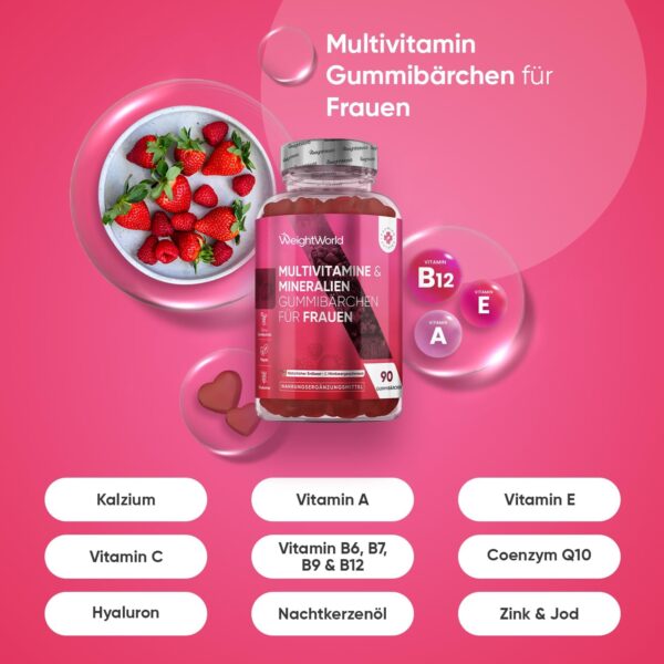 Multivitamin Gummies for Women - With Omega 6, 9, Zinc, Calcium, Vitamin C, Hyaluron, CoQ 10, B12, Biotin - 90 Vegan Gummy Bears - Strawberry & Raspberry Flavour - Multivitamin Complex - WeightWorld