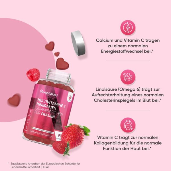 Multivitamin Gummies for Women - With Omega 6, 9, Zinc, Calcium, Vitamin C, Hyaluron, CoQ 10, B12, Biotin - 90 Vegan Gummy Bears - Strawberry & Raspberry Flavour - Multivitamin Complex - WeightWorld