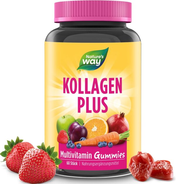 Collagen Gummy Bears with 2500 μg Biotin, Strawberry Flavour, 255 mg Collagen Peptides with Zinc Against Blemished Skin and Silicon, Skin and Hair Vitamins, Vegetarian Vitamin Gummies, Pack of 60