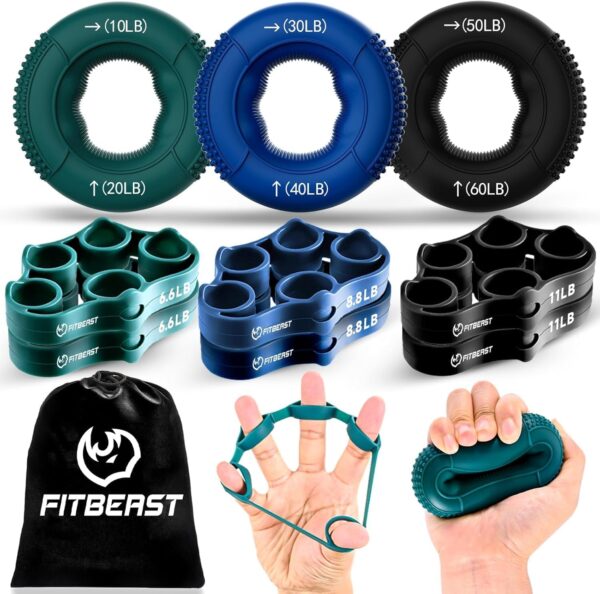 FitBeast Grip Strength Trainer, Finger Trainer, Forearm Strengthener, 9-Piece Set, Targeted Strength Hand Muscle Trainer, Relief & Recovery