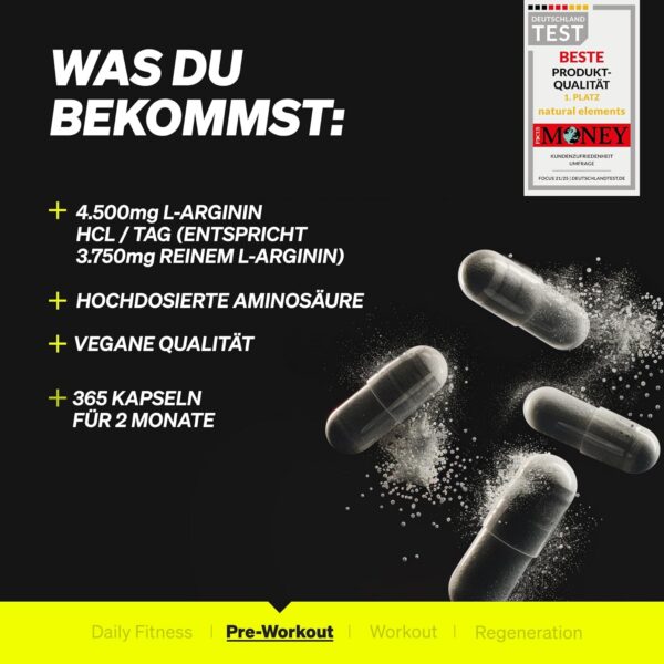 L-Arginine - 365 vegan capsules - 4500 mg vegetable L-Arginine HCL per daily dose (= 3750 mg pure L-Arginin) - laboratory-tested, high dosage, vegan and made in Germany.