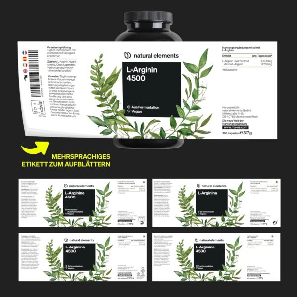 L-Arginine - 365 vegan capsules - 4500 mg vegetable L-Arginine HCL per daily dose (= 3750 mg pure L-Arginin) - laboratory-tested, high dosage, vegan and made in Germany.