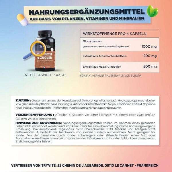 Appetite Suppressant with Glucomannan Capsules | Quick Weight Loss Tablets | Appetite Suppressant Strong Fast Weight | TRYVITE | 90 Capsules