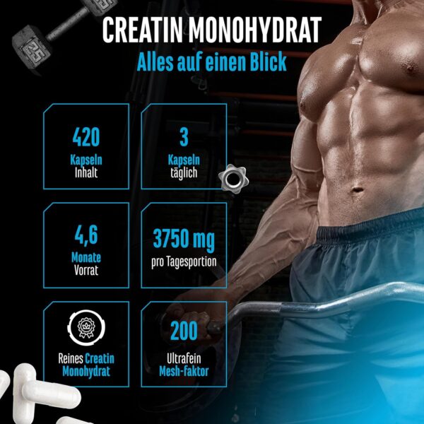 Creatine Ultra Caps - 420 Capsules with 1250 mg of Pure Creatine Monohydrate - Premium: Ultra Fine + Mesh Factor of 200 - High Dose