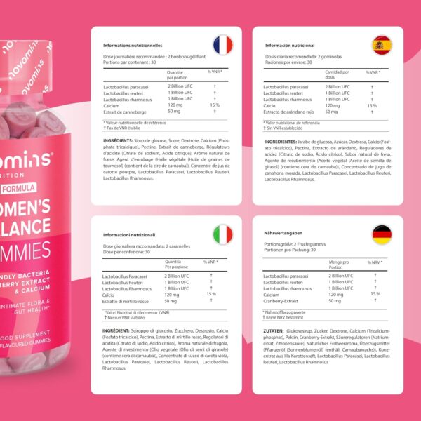 Probiotics Women - With Calcium & Cranberry for Flora Intima and Gut Health - Vegan and Gluten Free - Intestinal Bacteria Probiotics - 60 Probiotics Gummy Bears - Intestinal Flora Building - Novomins