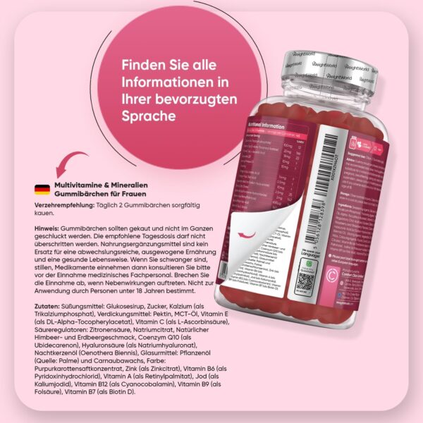 Multivitamin Gummies for Women - With Omega 6, 9, Zinc, Calcium, Vitamin C, Hyaluron, CoQ 10, B12, Biotin - 90 Vegan Gummy Bears - Strawberry & Raspberry Flavour - Multivitamin Complex - WeightWorld