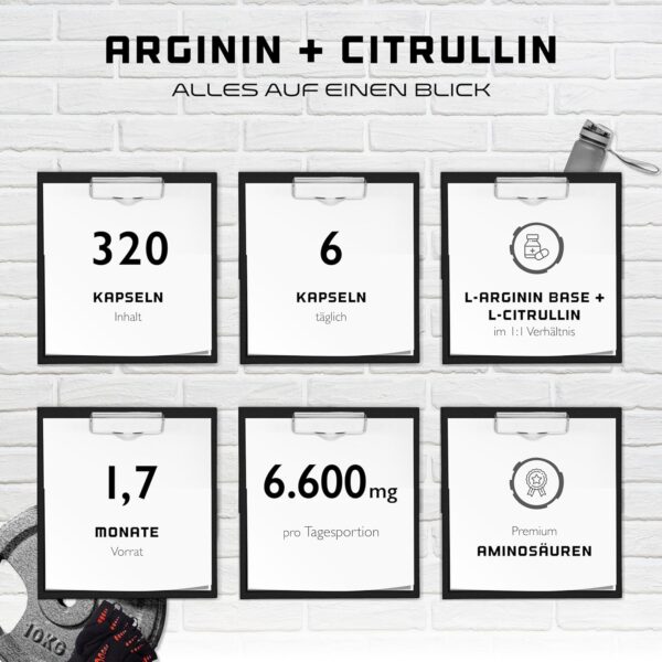 L-Arginine + L-Citrulline – 320 Capsules – 1100 mg per capsule – Citrulline 2:1 + Arginine Base 1:1 Ratio – Premium Amino Acids – Laboratory Tested Quality – German Elite Nutrition