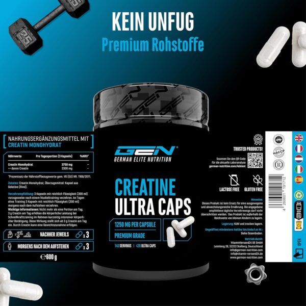 Creatine Ultra Caps - 420 Capsules with 1250 mg of Pure Creatine Monohydrate - Premium: Ultra Fine + Mesh Factor of 200 - High Dose