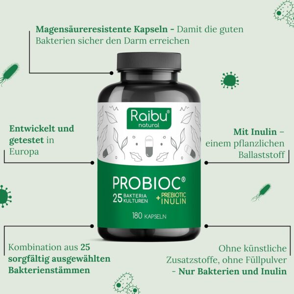 Probioc Kulturen Complex – 25 Bacteria Strains + Inulin – 300 Billion CFU/g – 180 High Dose & Enteric Juice-Resistant Capsules – with Lactobacillus & Bifidobacteria Raibu