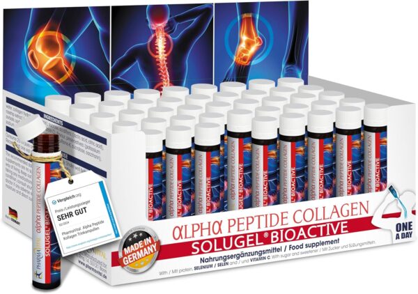 PharmaVital Alpha Peptide Collagen Drinking Ampoules (Pack of 50) - 10,000mg Collagen Hydrolyzate Sologel (R), Vitamin C Selenium Rose Hip, Premium, with Bioactive Peptides for Bone, Joints, Skin