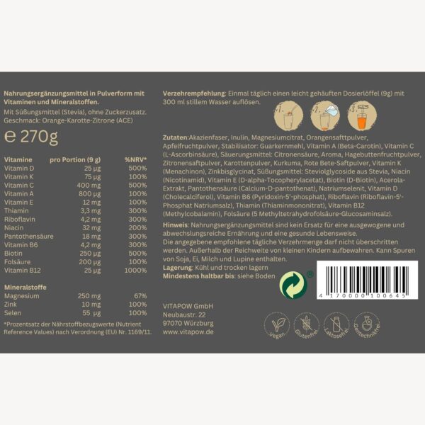 Multivitamin Powder + Magnesium, Zinc & Selenium - Vitamins A-Z High Dose - Strengthen Immune System - High-Quality Micronutrients - No Added Sugar - Vegan - Made in Germany - ACE Flavour