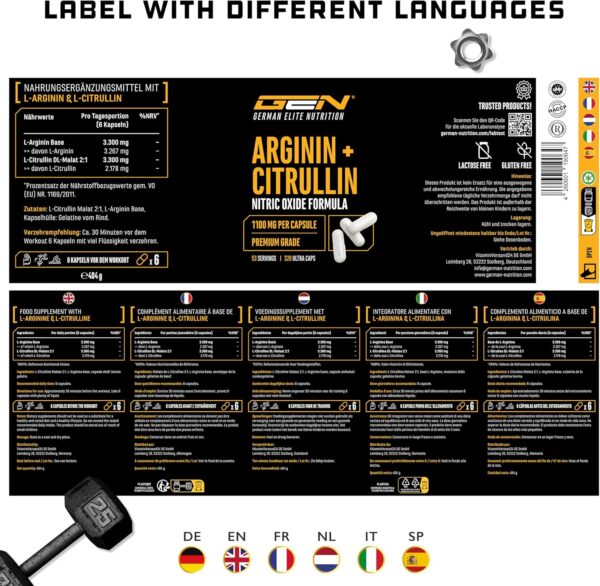 L-Arginine + L-Citrulline – 320 Capsules – 1100 mg per capsule – Citrulline 2:1 + Arginine Base 1:1 Ratio – Premium Amino Acids – Laboratory Tested Quality – German Elite Nutrition