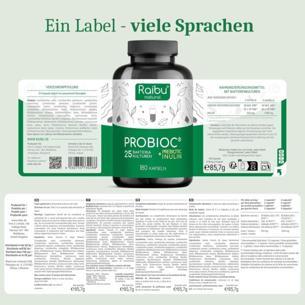 Probioc Kulturen Complex – 25 Bacteria Strains + Inulin – 300 Billion CFU/g – 180 High Dose & Enteric Juice-Resistant Capsules – with Lactobacillus & Bifidobacteria Raibu