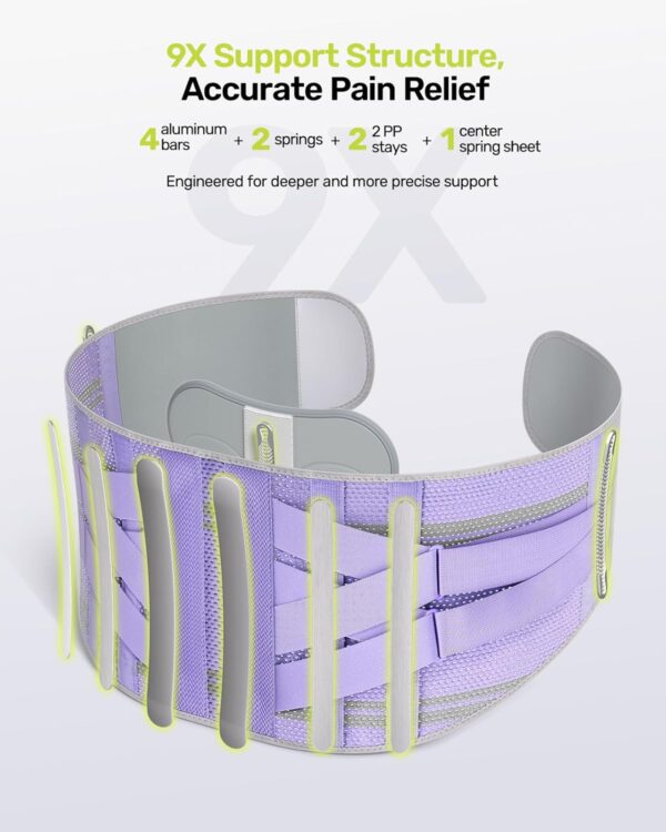 Back Support Belt for Women, 9-Way Back Brace, Ergonomic Lumbar Support with 3D Pad, Kidney Belt for Back Pain, Purple, Size M (Waist: 85-100 cm)