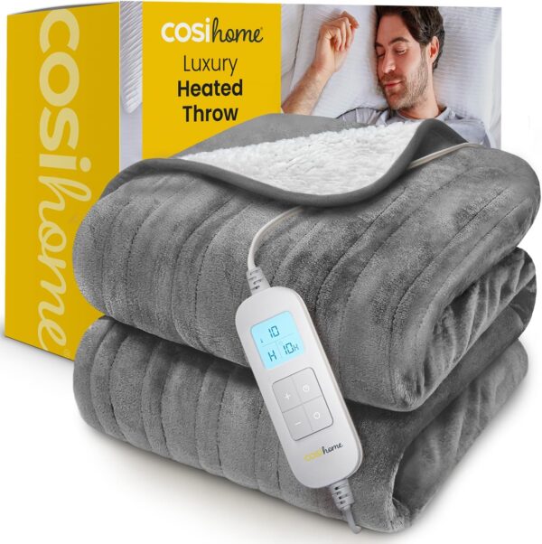 Cosi Home Electric Blanket 180 x 130 cm - Electric Heat Blanket with Automatic Shut-Off, Overheating Protection, Washable, Cuddly Sherpa & Fleece, 10 Heat Settings with Digital Remote Control - Grey