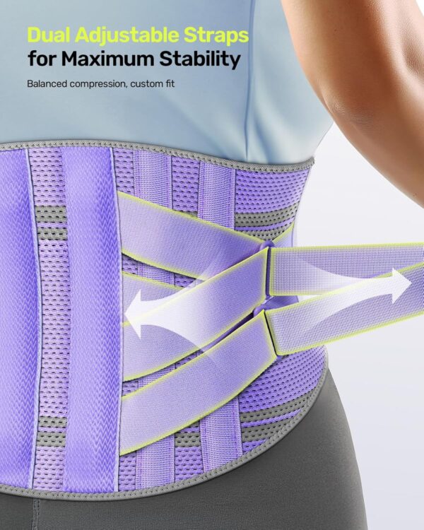 Back Support Belt for Women, 9-Way Back Brace, Ergonomic Lumbar Support with 3D Pad, Kidney Belt for Back Pain, Purple, Size M (Waist: 85-100 cm)