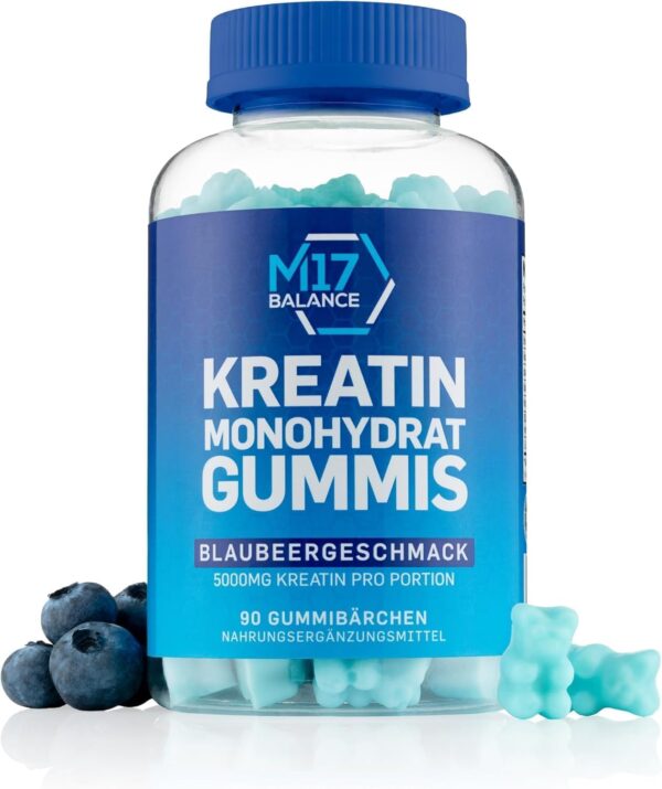 Creatine Monohydrate Gummy Bears - 5000 mg Creatine with BCAAs & L-Carnitine per Dose - For Muscle Building - Sugar Free, Anti-Melt Formula, Vegan, Gluten Free - 30 Servings (90 Pieces, Blueberry)