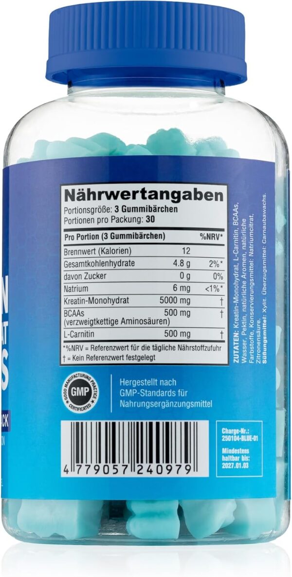 Creatine Monohydrate Gummy Bears - 5000 mg Creatine with BCAAs & L-Carnitine per Dose - For Muscle Building - Sugar Free, Anti-Melt Formula, Vegan, Gluten Free - 30 Servings (90 Pieces, Blueberry)