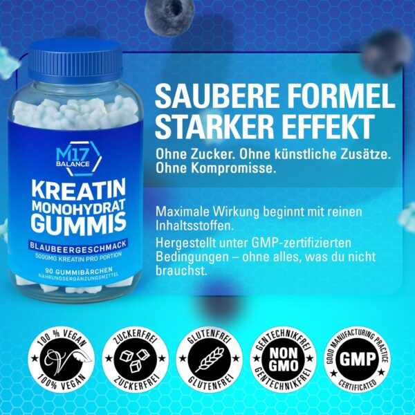 Creatine Monohydrate Gummy Bears - 5000 mg Creatine with BCAAs & L-Carnitine per Dose - For Muscle Building - Sugar Free, Anti-Melt Formula, Vegan, Gluten Free - 30 Servings (90 Pieces, Blueberry)