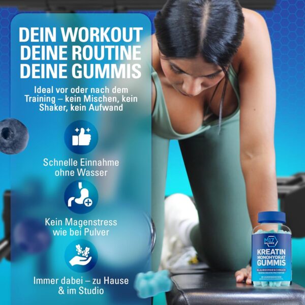 Creatine Monohydrate Gummy Bears - 5000 mg Creatine with BCAAs & L-Carnitine per Dose - For Muscle Building - Sugar Free, Anti-Melt Formula, Vegan, Gluten Free - 30 Servings (90 Pieces, Blueberry)