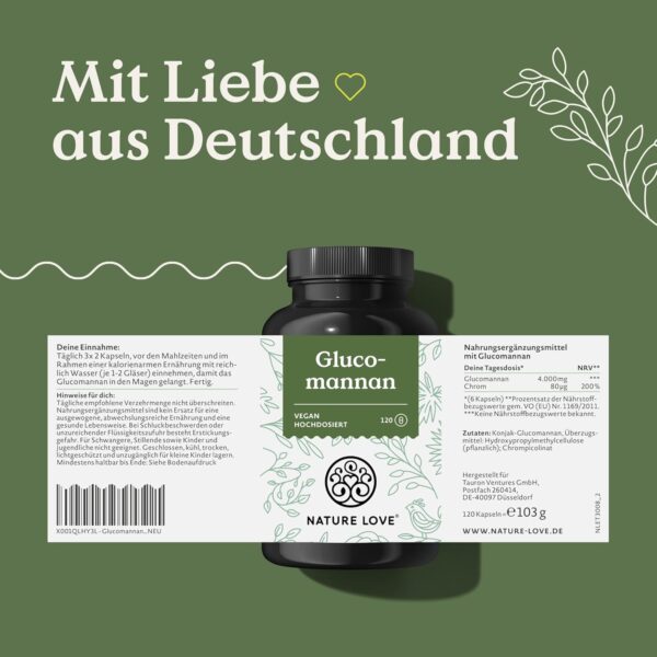 Lose weight with glucomannan from the konjac root - by Nature Love - 120 capsules. 4,000 mg per daily dose - high dose, vegan, made in Germany.