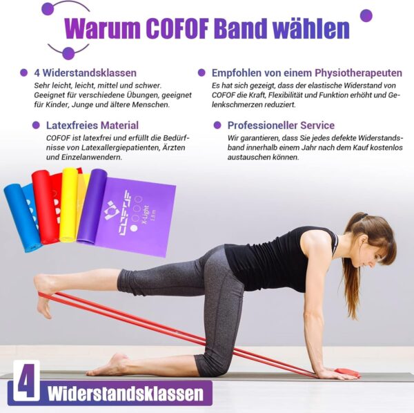 COFOF Fitnessbänder 4er-Set, Gymnastikband mit 4 Widerstandsstufen, Fitnessband mit Tragetasche & Übungsanleitung Geliefert Ideal für Yoga, Pilates